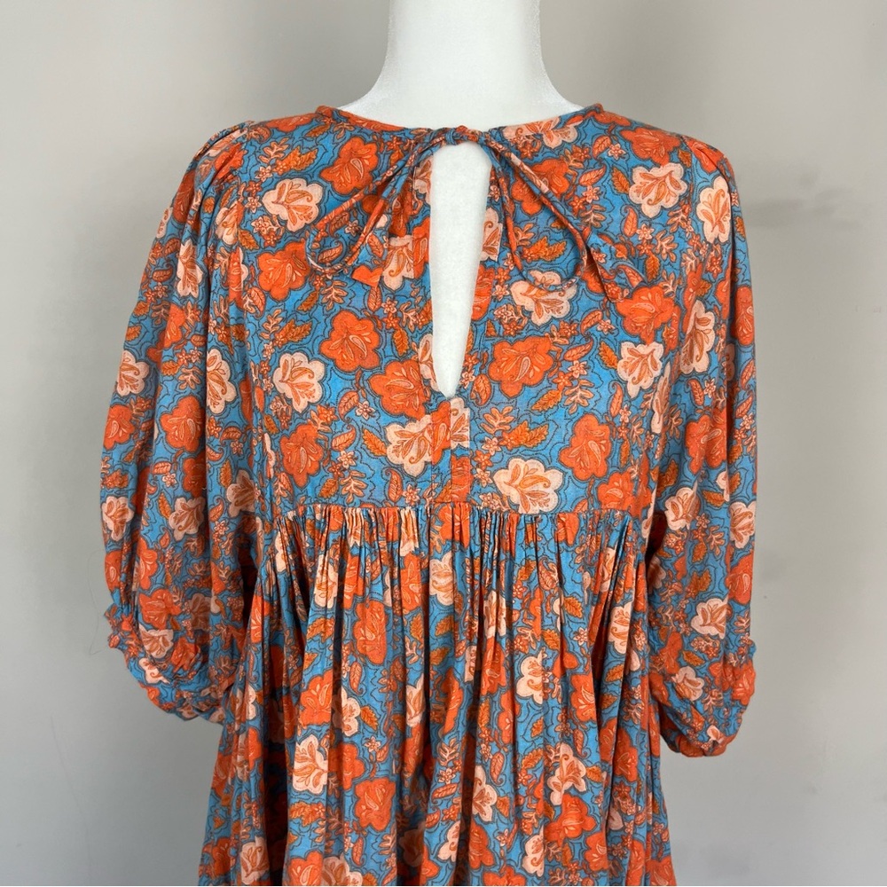 SUNDRY FLORAL MINI SHIFT DRESS SIZE 2 (MEDIUM) SLEEVES ORANGE AND BLUE - Picture 13 of 16